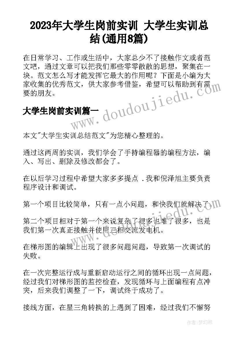 2023年大学生岗前实训 大学生实训总结(通用8篇)