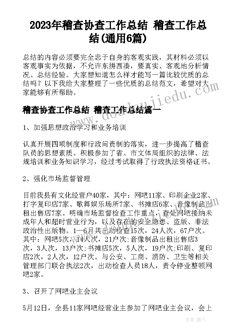 2023年稽查协查工作总结 稽查工作总结(通用6篇)