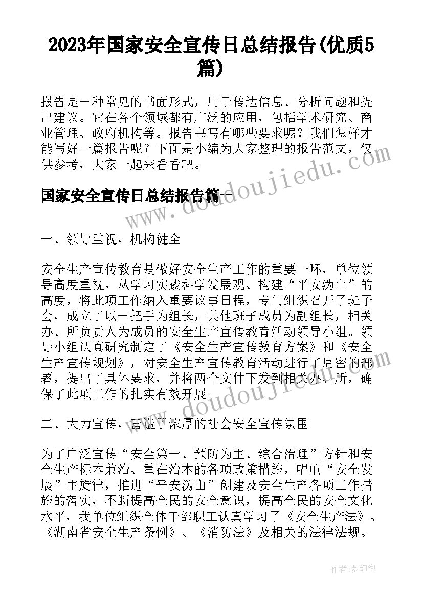 2023年国家安全宣传日总结报告(优质5篇)