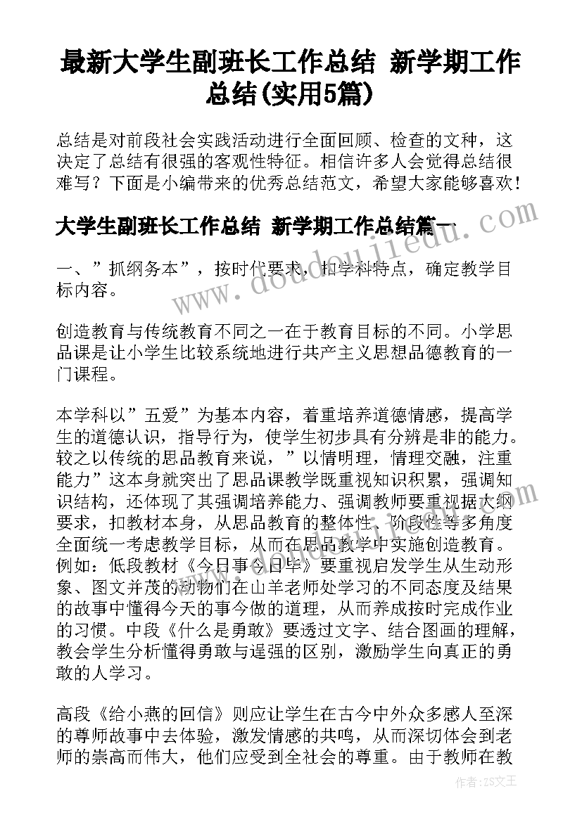 最新大学生副班长工作总结 新学期工作总结(实用5篇)