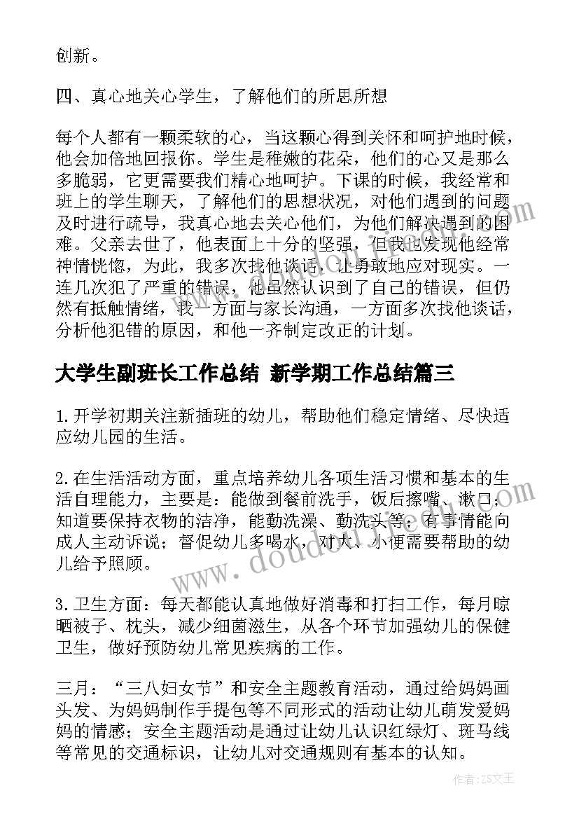 最新大学生副班长工作总结 新学期工作总结(实用5篇)