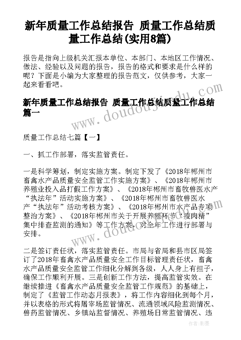 新年质量工作总结报告 质量工作总结质量工作总结(实用8篇)