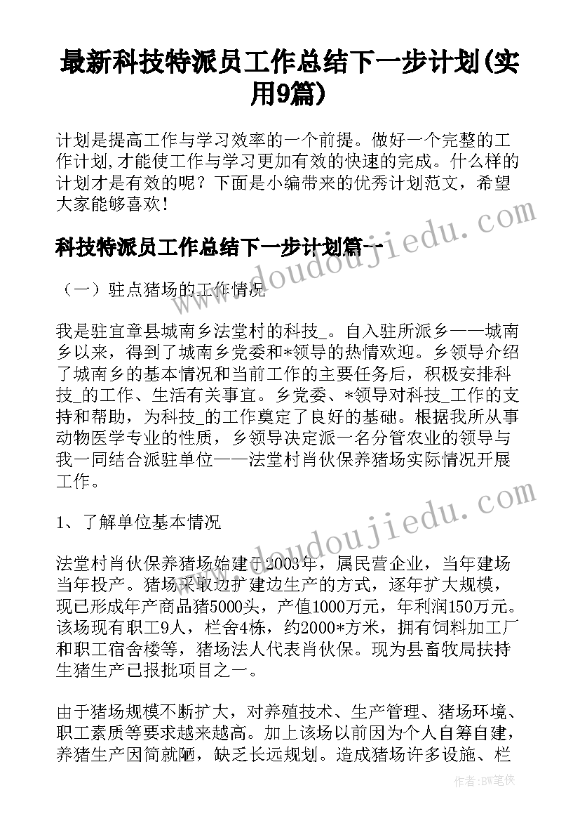 最新科技特派员工作总结下一步计划(实用9篇)