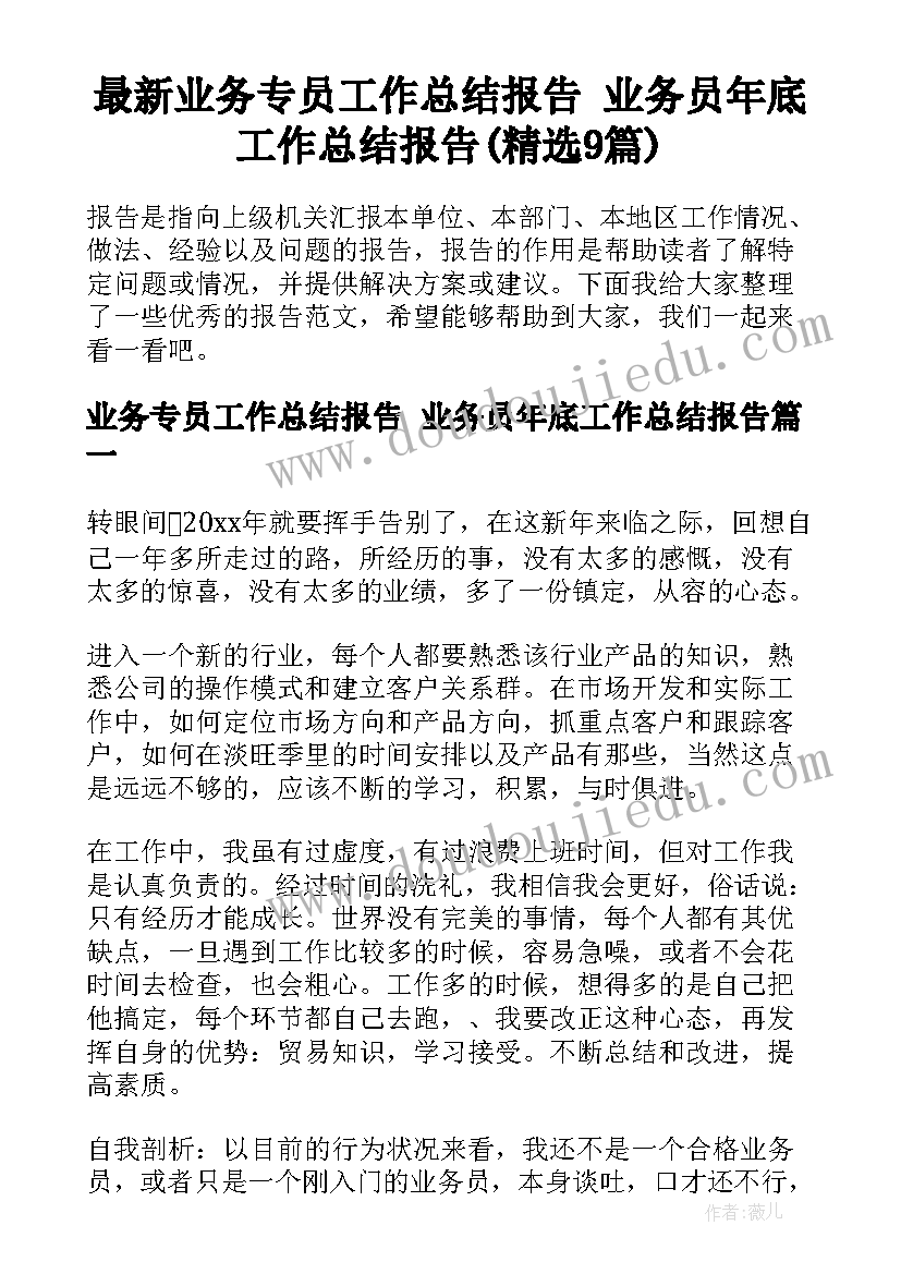 最新业务专员工作总结报告 业务员年底工作总结报告(精选9篇)