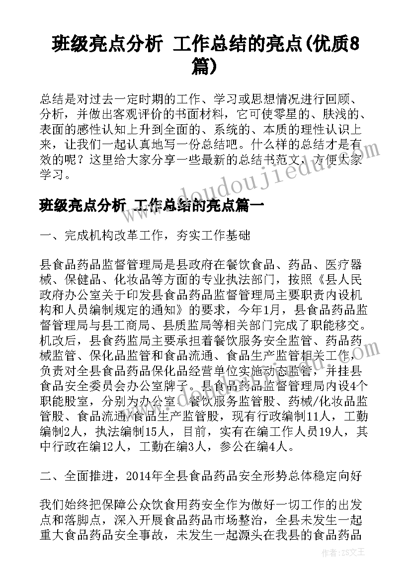 班级亮点分析 工作总结的亮点(优质8篇)