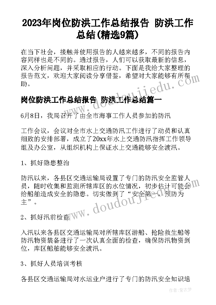 2023年岗位防洪工作总结报告 防洪工作总结(精选9篇)