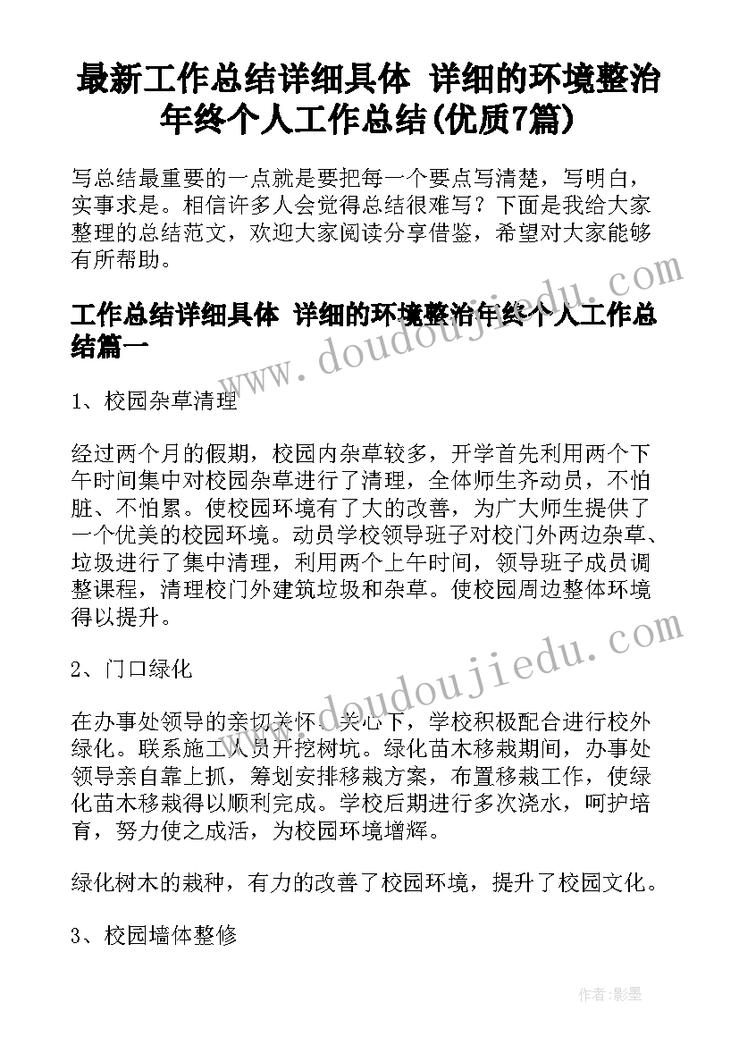 最新工作总结详细具体 详细的环境整治年终个人工作总结(优质7篇)