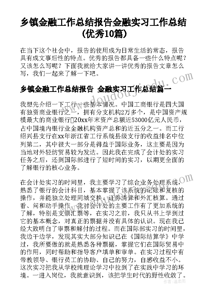 乡镇金融工作总结报告 金融实习工作总结(优秀10篇)