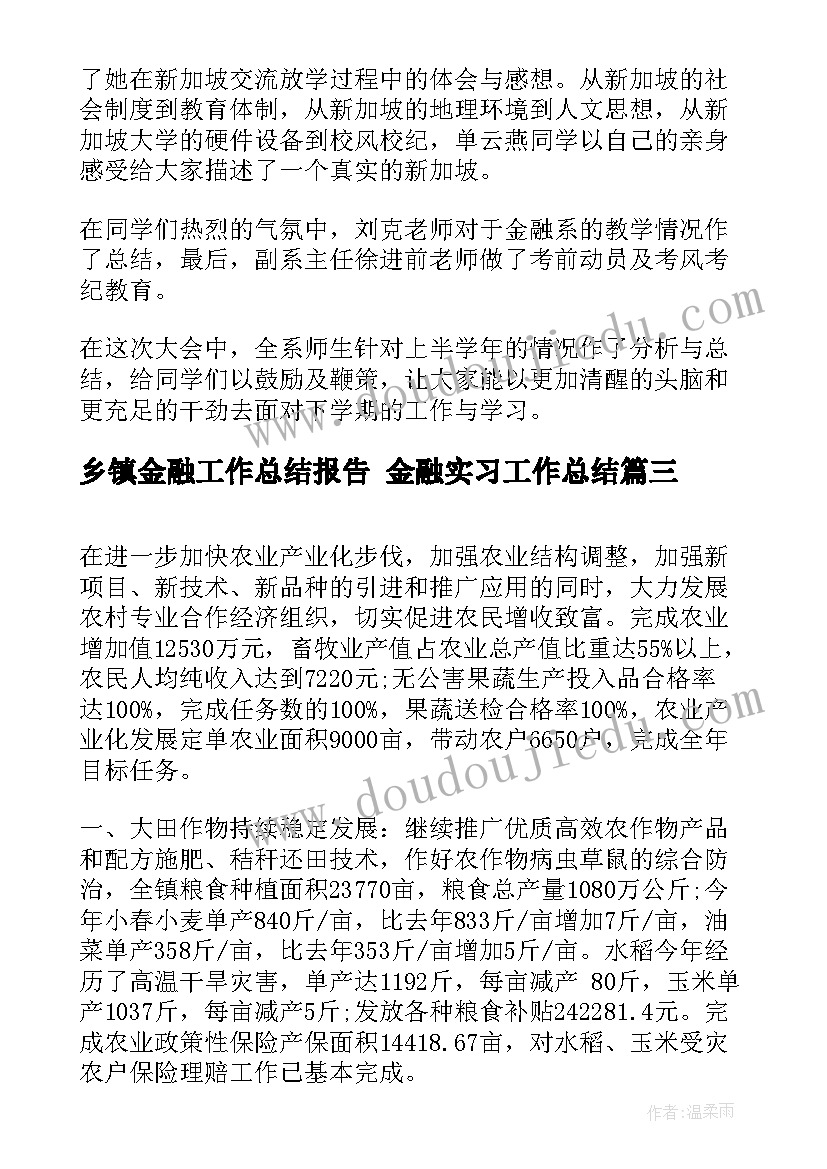 乡镇金融工作总结报告 金融实习工作总结(优秀10篇)