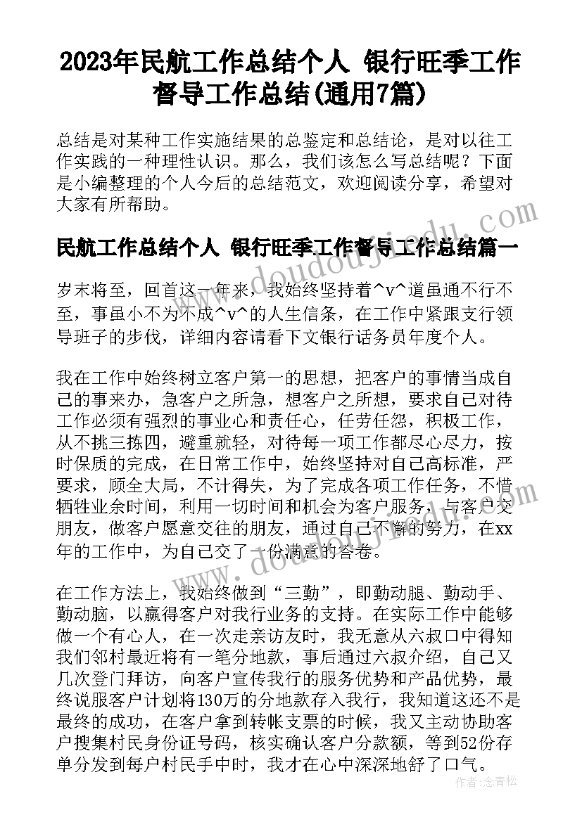 2023年民航工作总结个人 银行旺季工作督导工作总结(通用7篇)