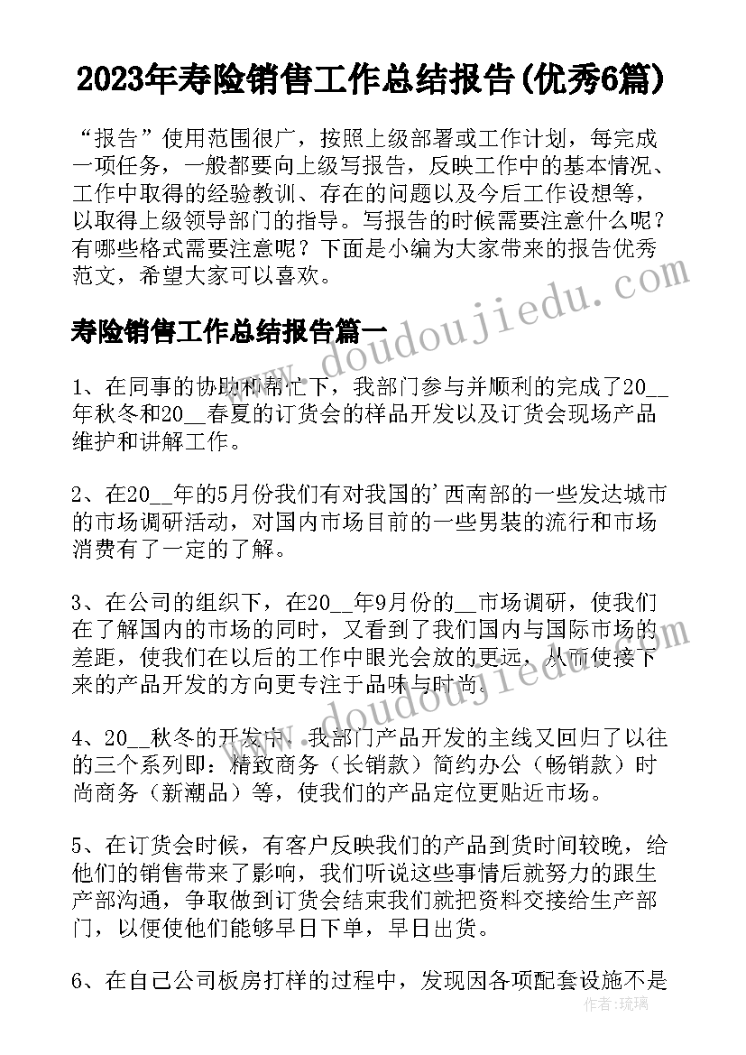 2023年寿险销售工作总结报告(优秀6篇)