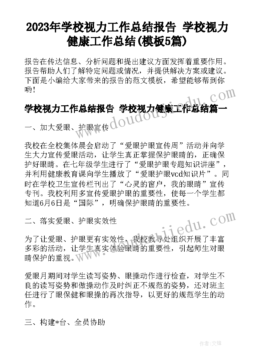 2023年学校视力工作总结报告 学校视力健康工作总结(模板5篇)