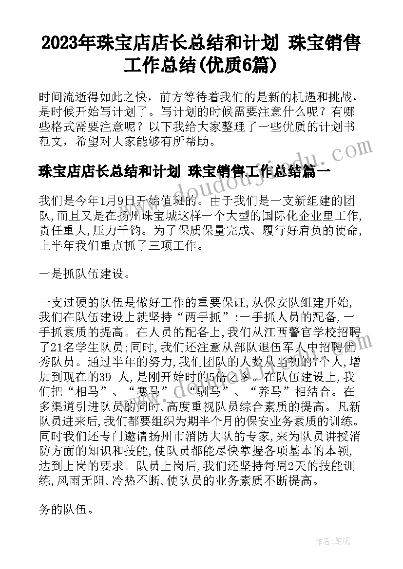 2023年珠宝店店长总结和计划 珠宝销售工作总结(优质6篇)