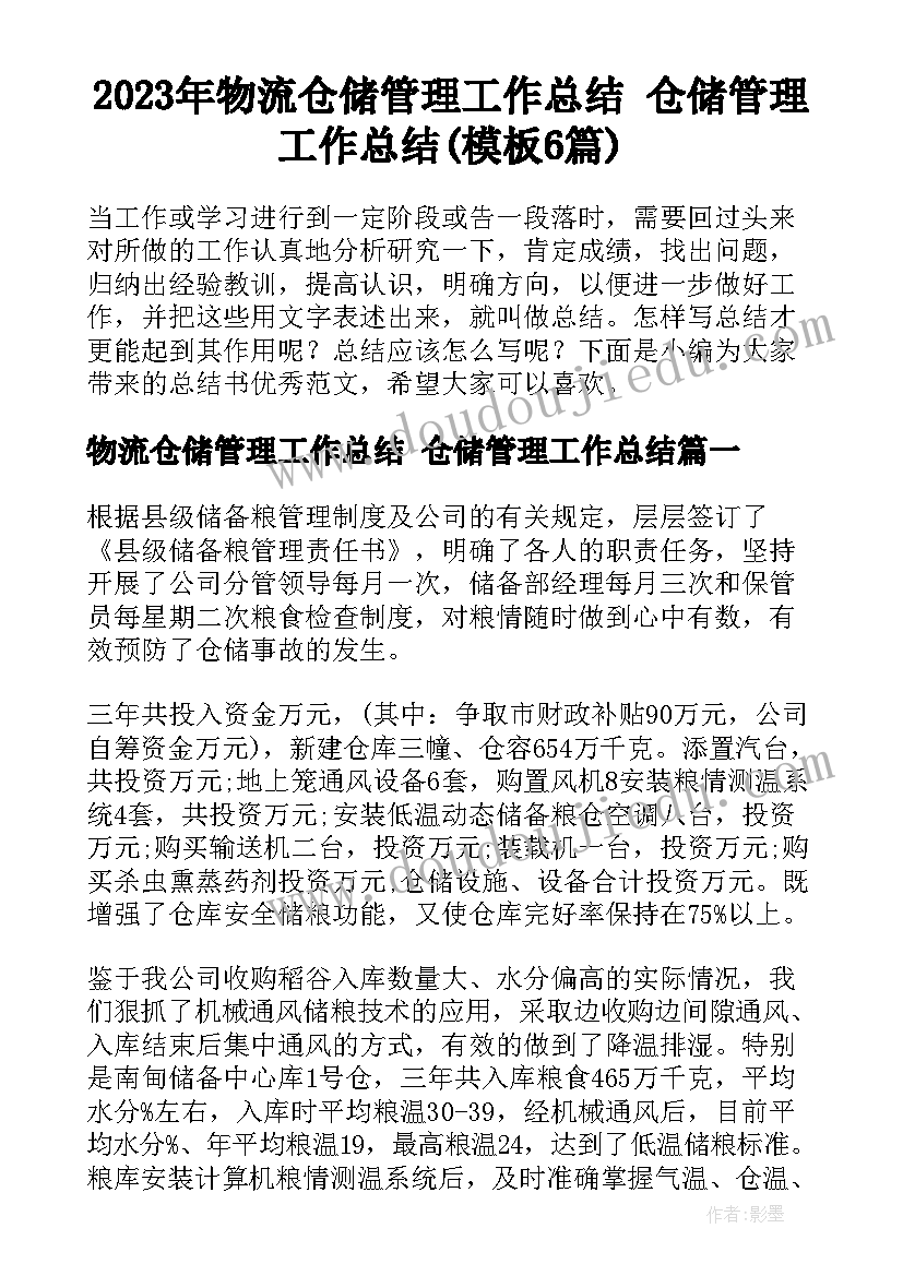 2023年物流仓储管理工作总结 仓储管理工作总结(模板6篇)