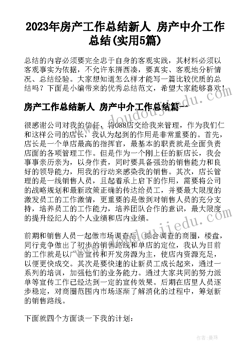 2023年房产工作总结新人 房产中介工作总结(实用5篇)