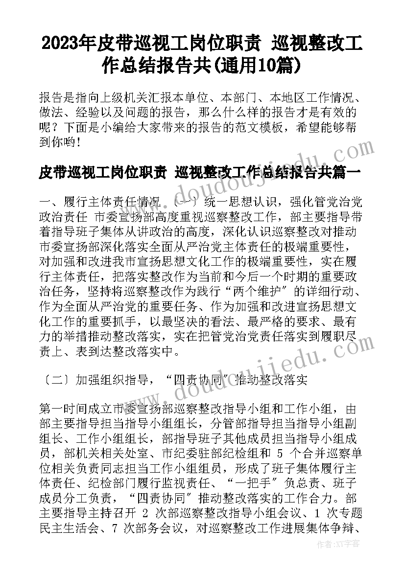 2023年皮带巡视工岗位职责 巡视整改工作总结报告共(通用10篇)