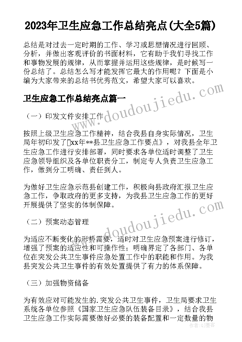 2023年卫生应急工作总结亮点(大全5篇)