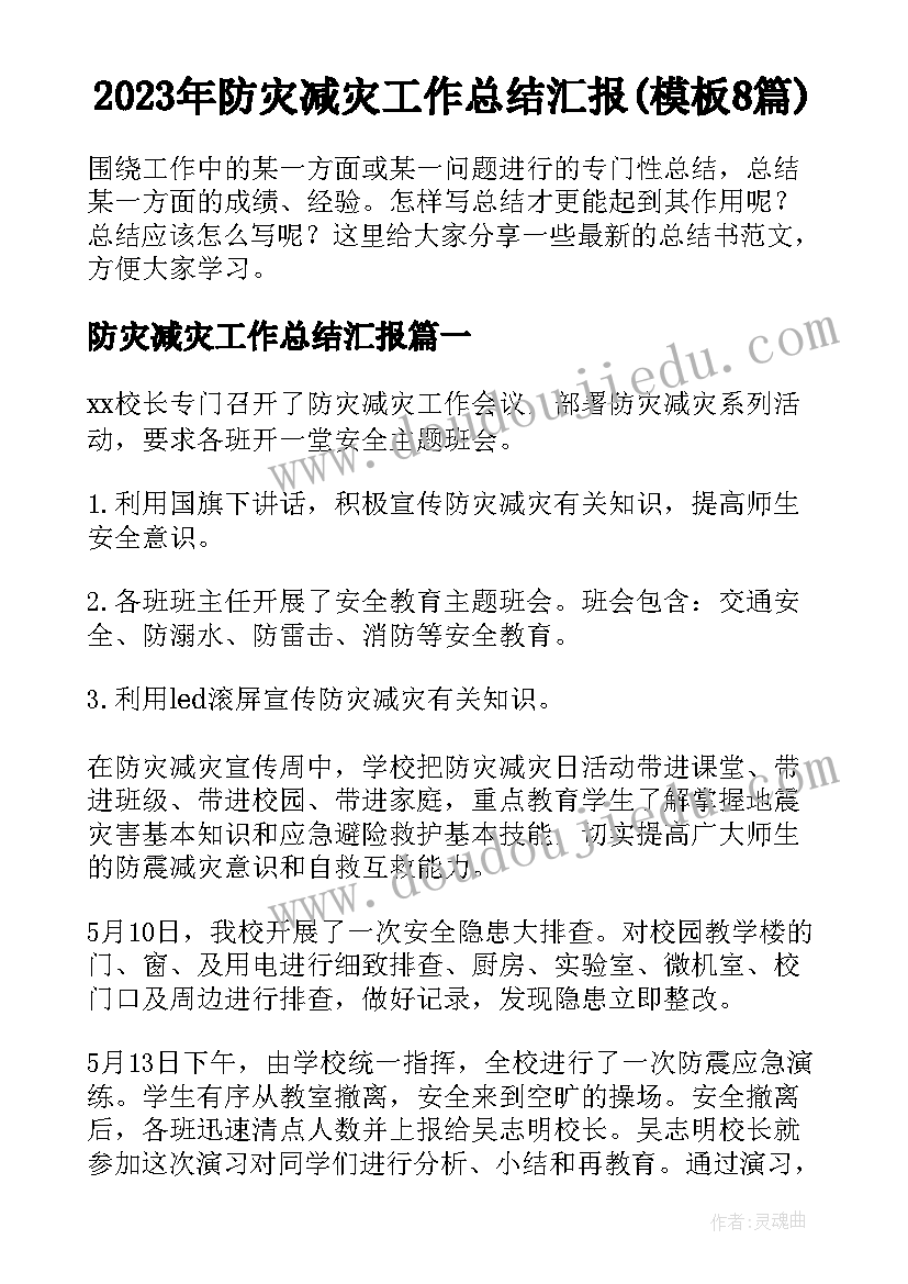 2023年防灾减灾工作总结汇报(模板8篇)