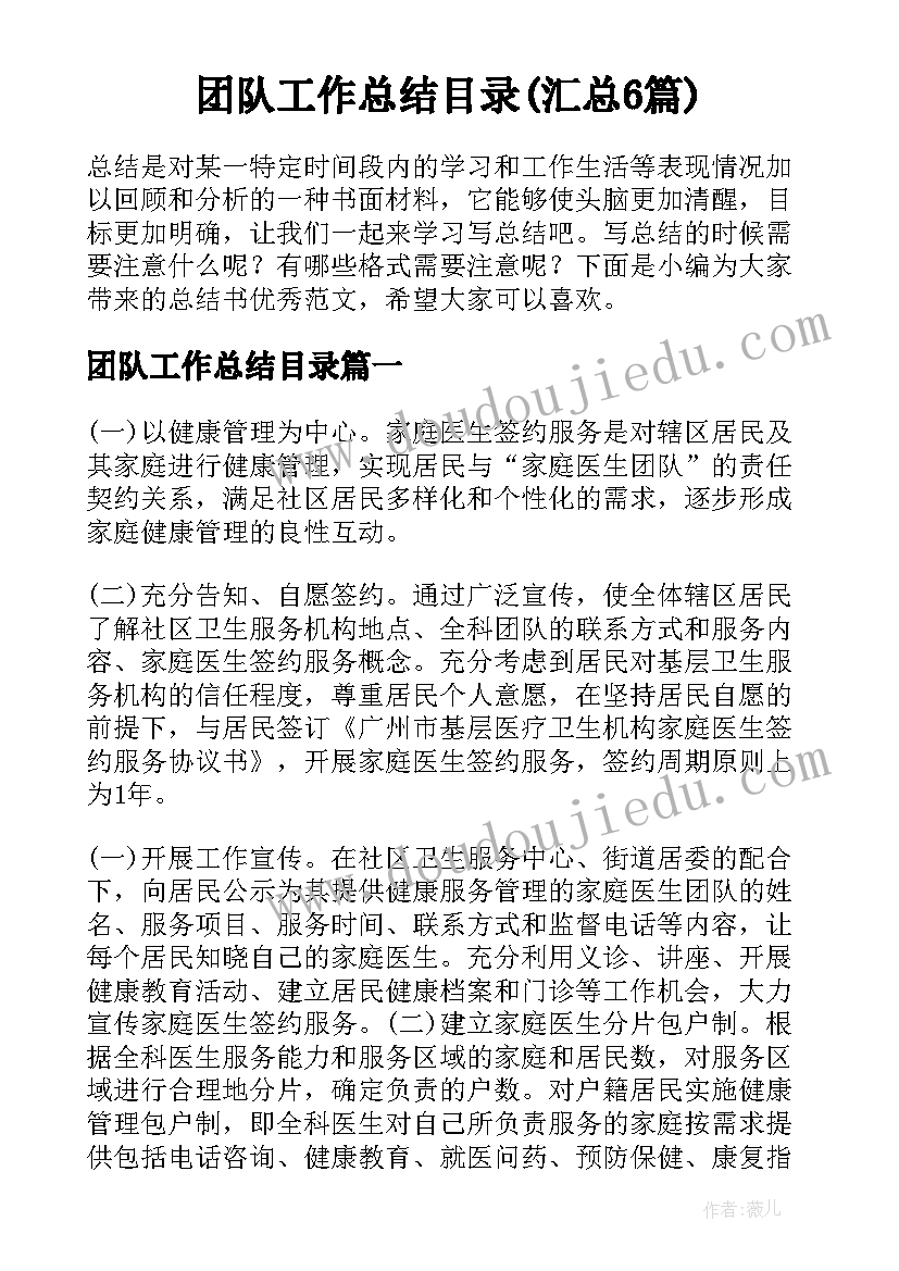 团队工作总结目录(汇总6篇)