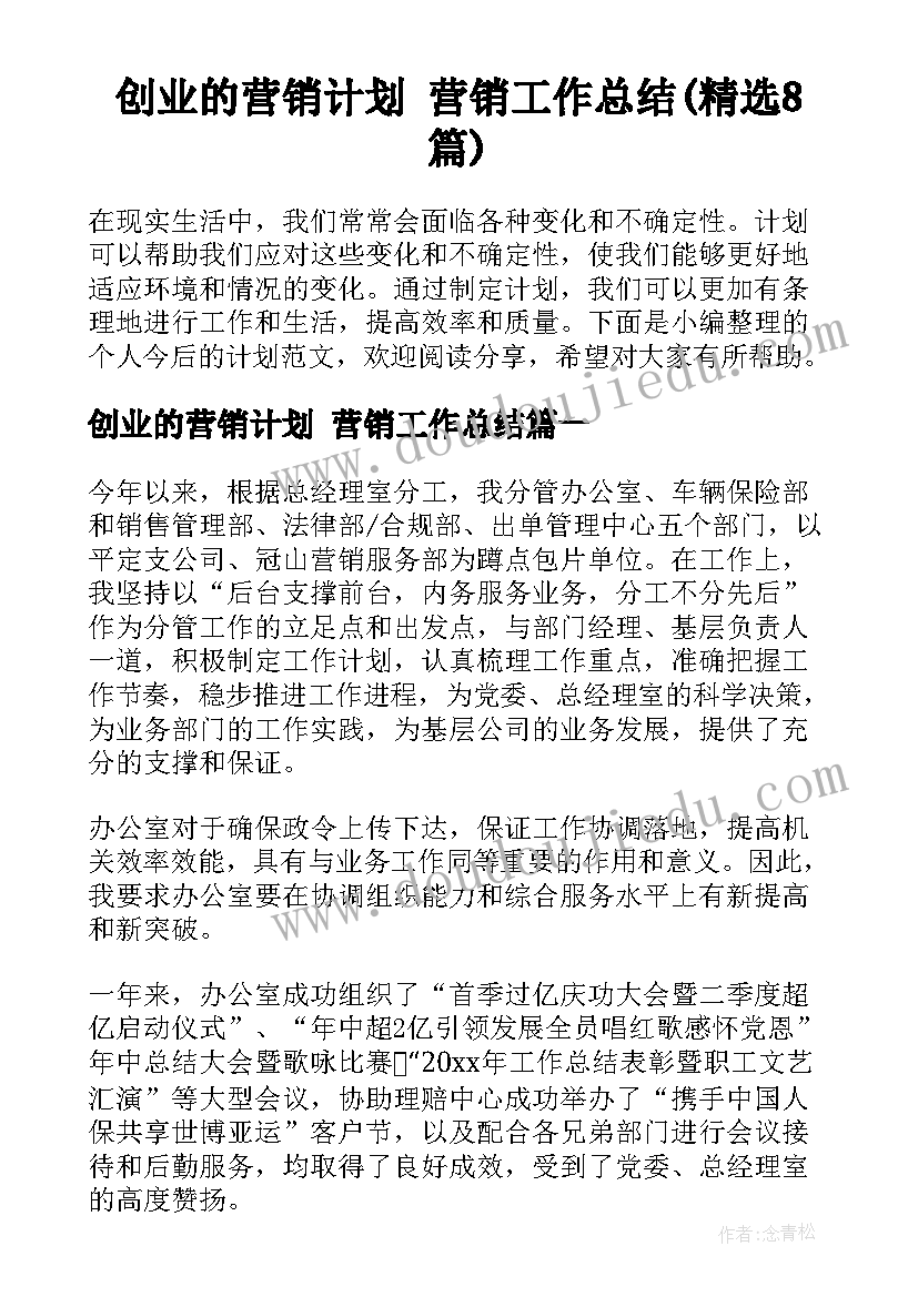 创业的营销计划 营销工作总结(精选8篇)