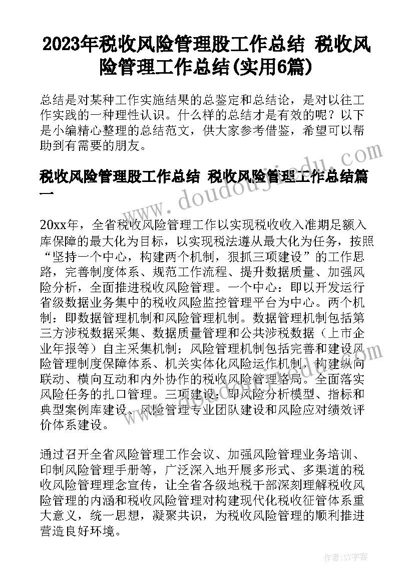 2023年税收风险管理股工作总结 税收风险管理工作总结(实用6篇)