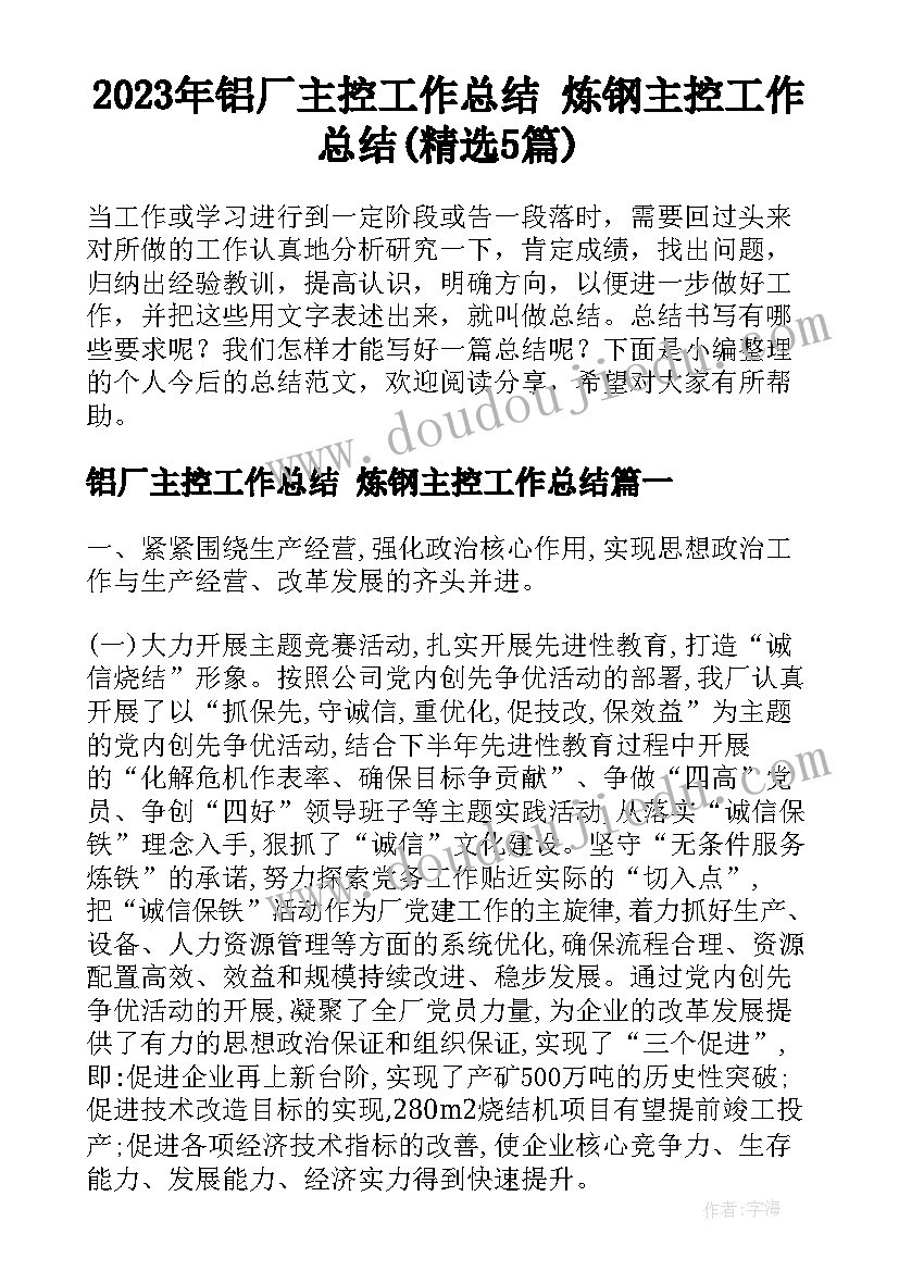 2023年铝厂主控工作总结 炼钢主控工作总结(精选5篇)