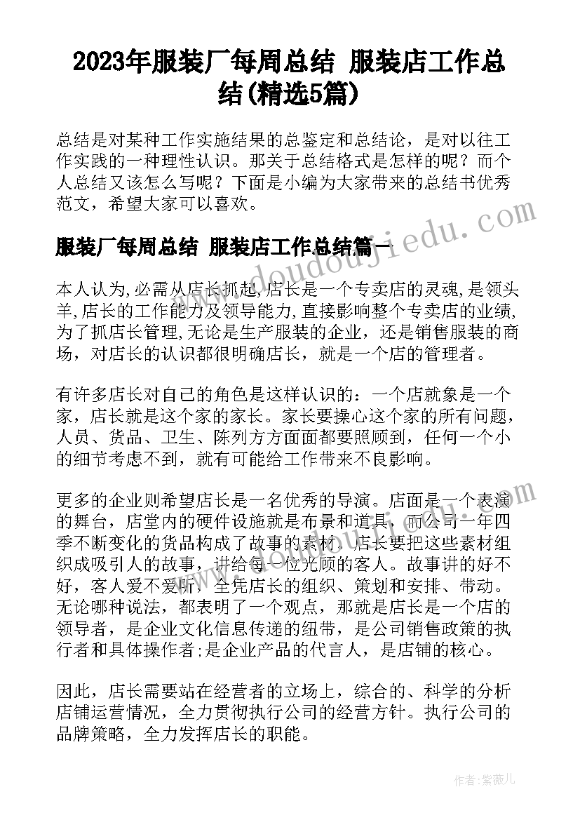 2023年服装厂每周总结 服装店工作总结(精选5篇)