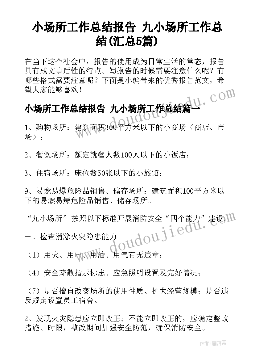 小场所工作总结报告 九小场所工作总结(汇总5篇)