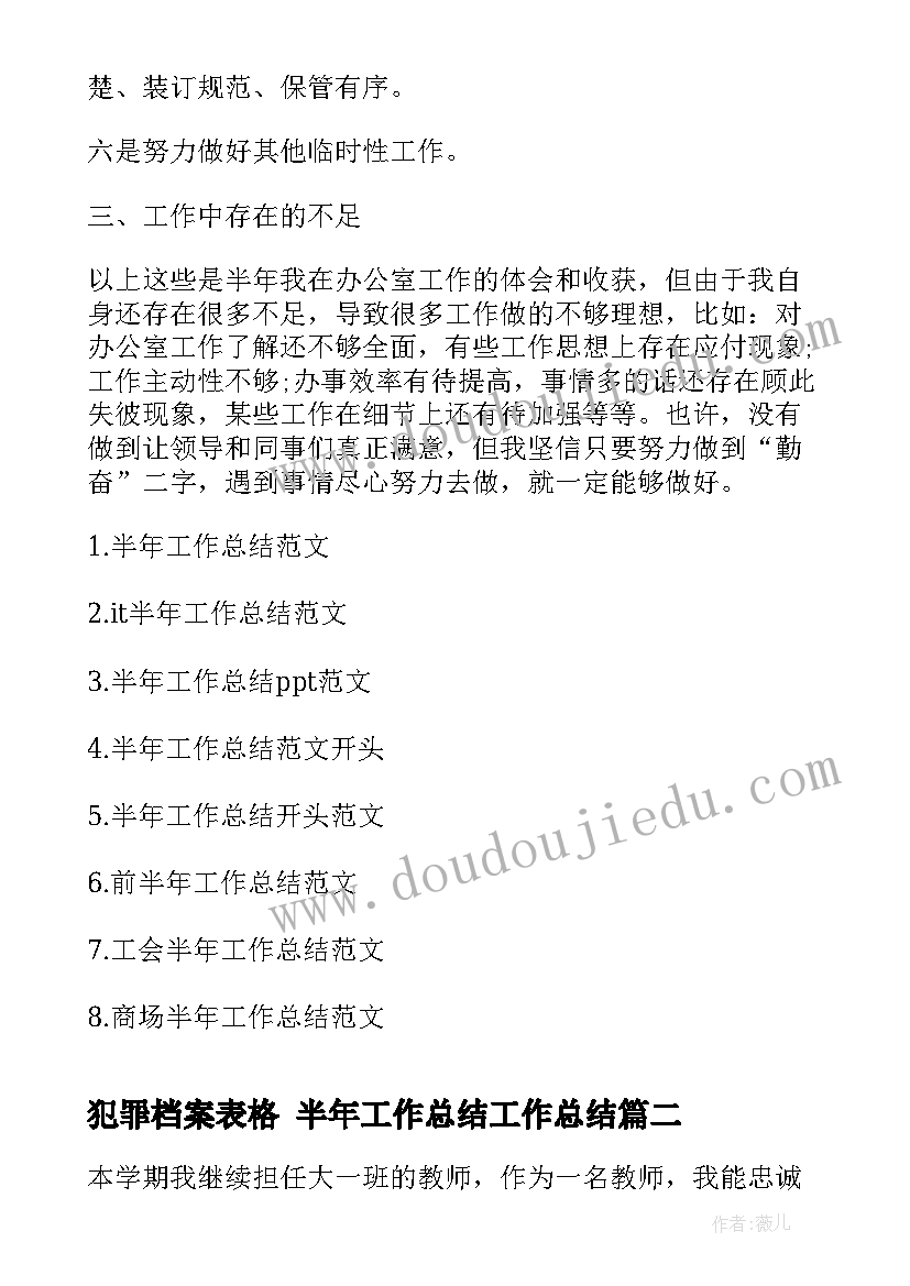 2023年犯罪档案表格 半年工作总结工作总结(精选6篇)