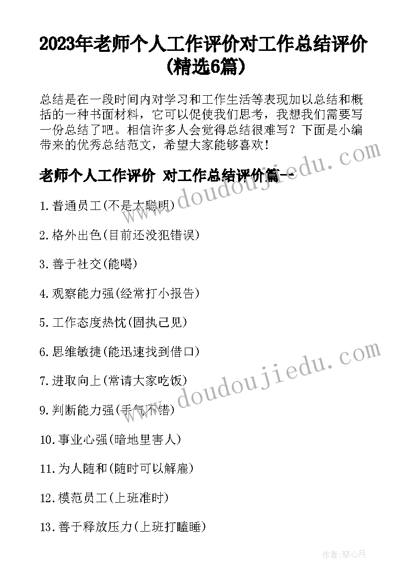 2023年老师个人工作评价 对工作总结评价(精选6篇)