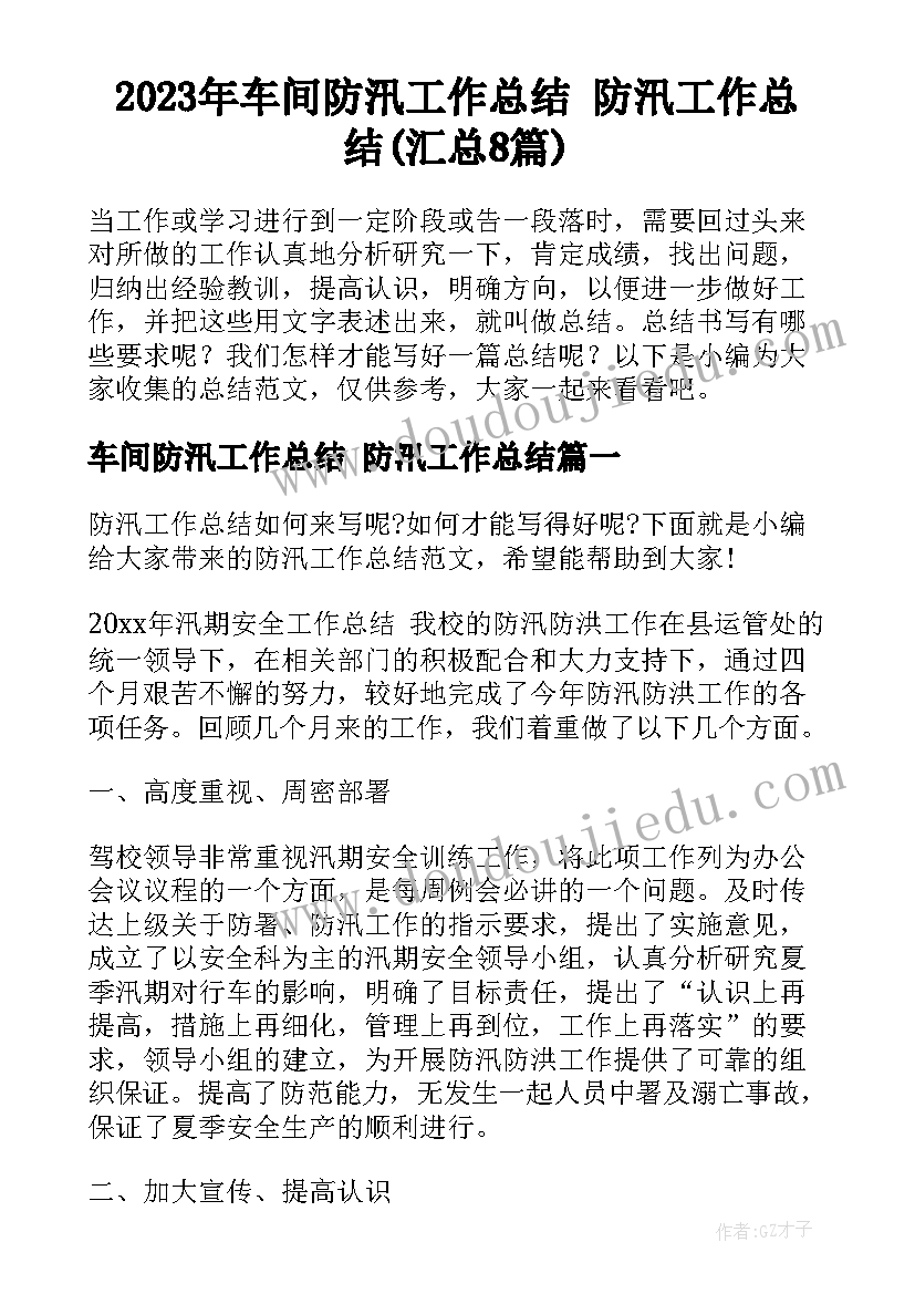 2023年车间防汛工作总结 防汛工作总结(汇总8篇)