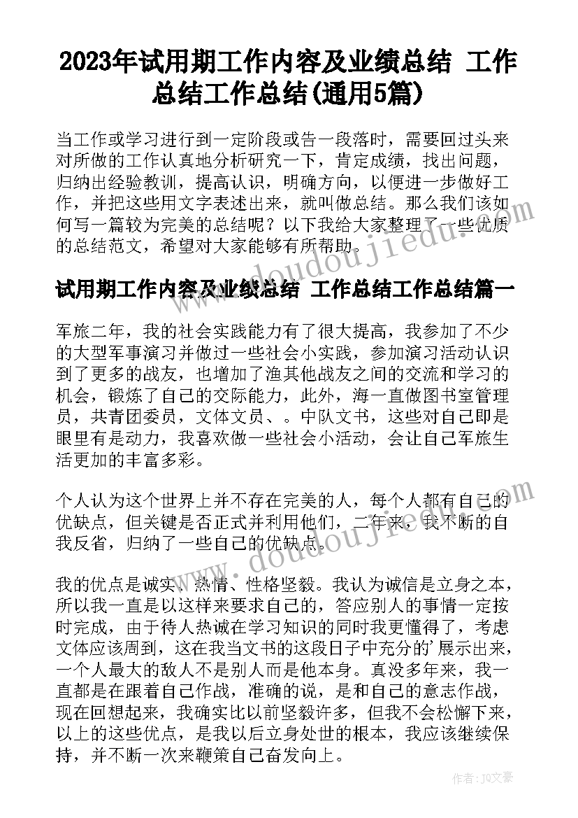 2023年试用期工作内容及业绩总结 工作总结工作总结(通用5篇)