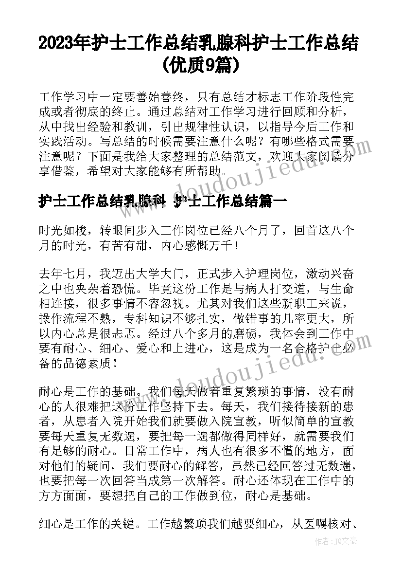 2023年护士工作总结乳腺科 护士工作总结(优质9篇)