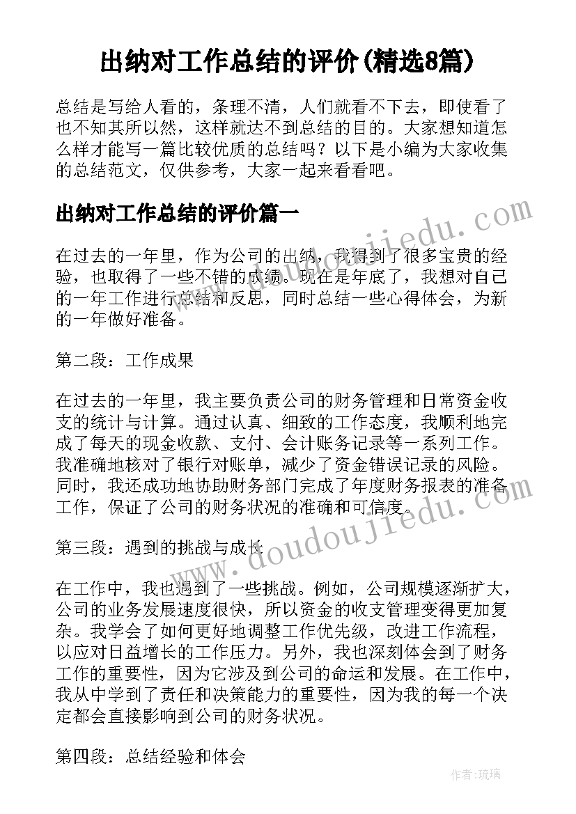 出纳对工作总结的评价(精选8篇)