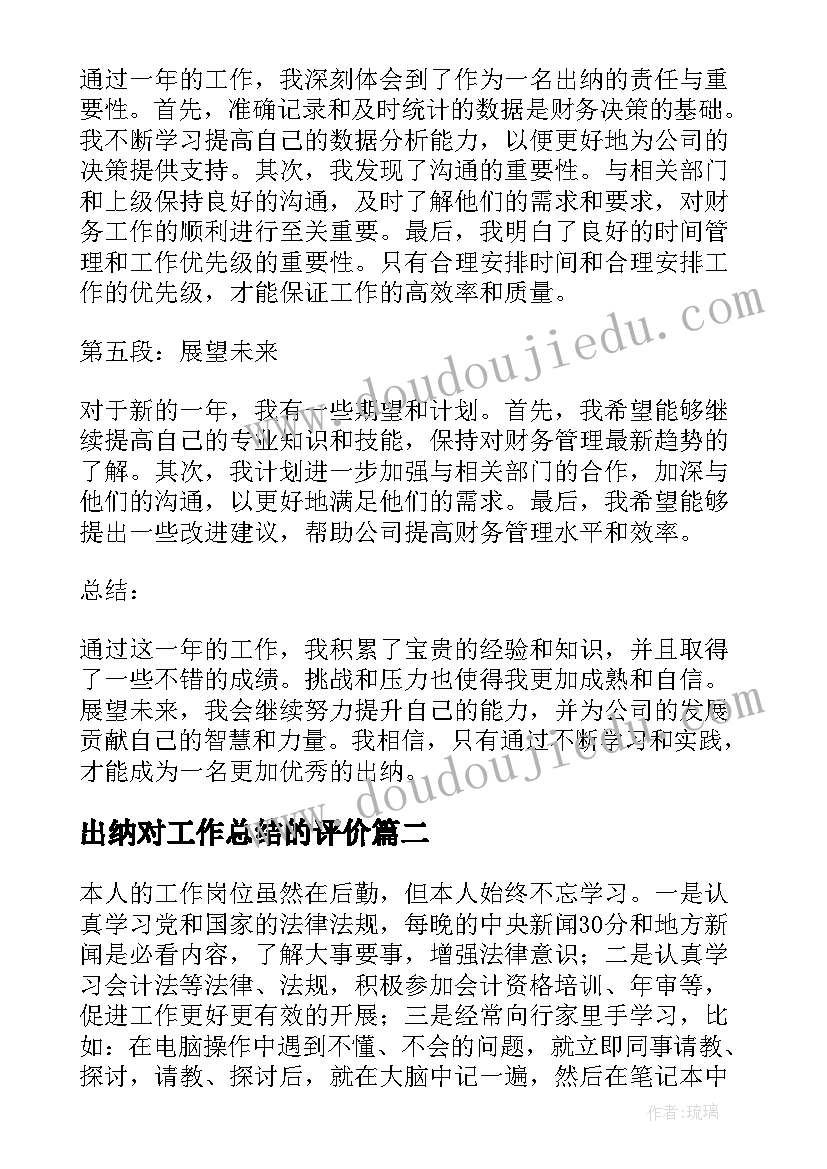 出纳对工作总结的评价(精选8篇)