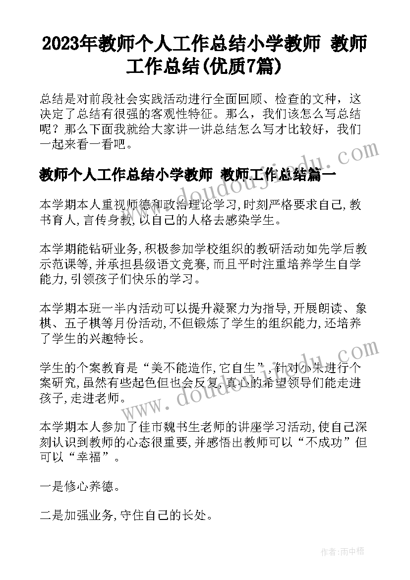 2023年教师个人工作总结小学教师 教师工作总结(优质7篇)