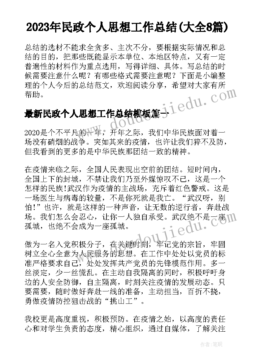 2023年民政个人思想工作总结(大全8篇)