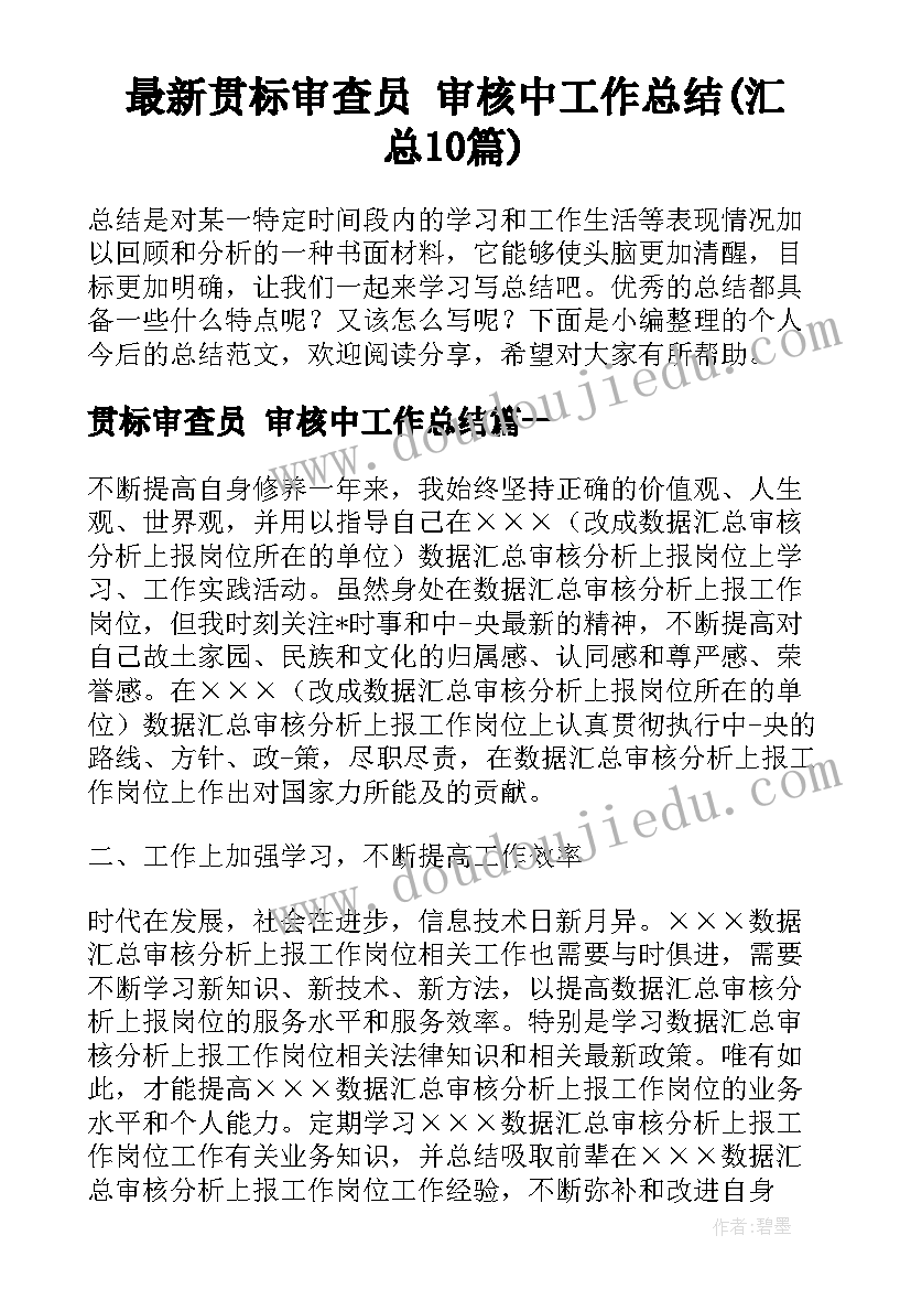 最新贯标审查员 审核中工作总结(汇总10篇)