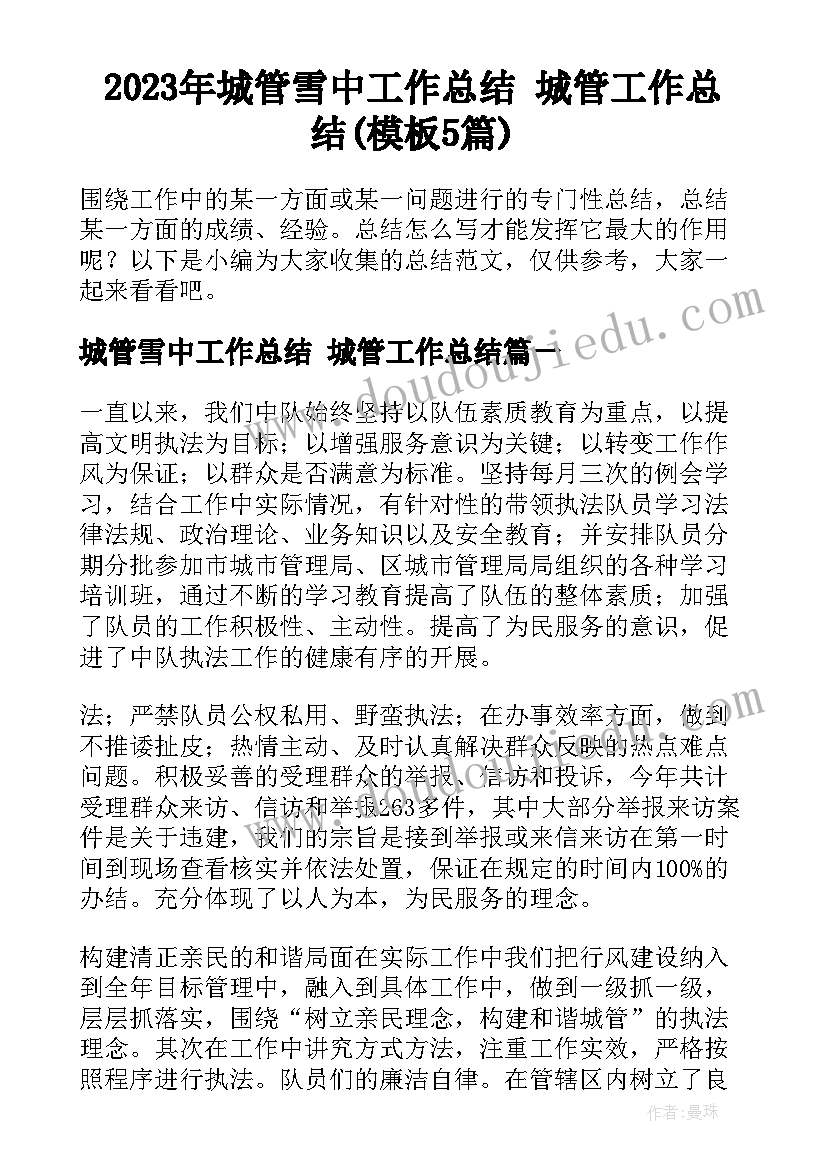 2023年城管雪中工作总结 城管工作总结(模板5篇)