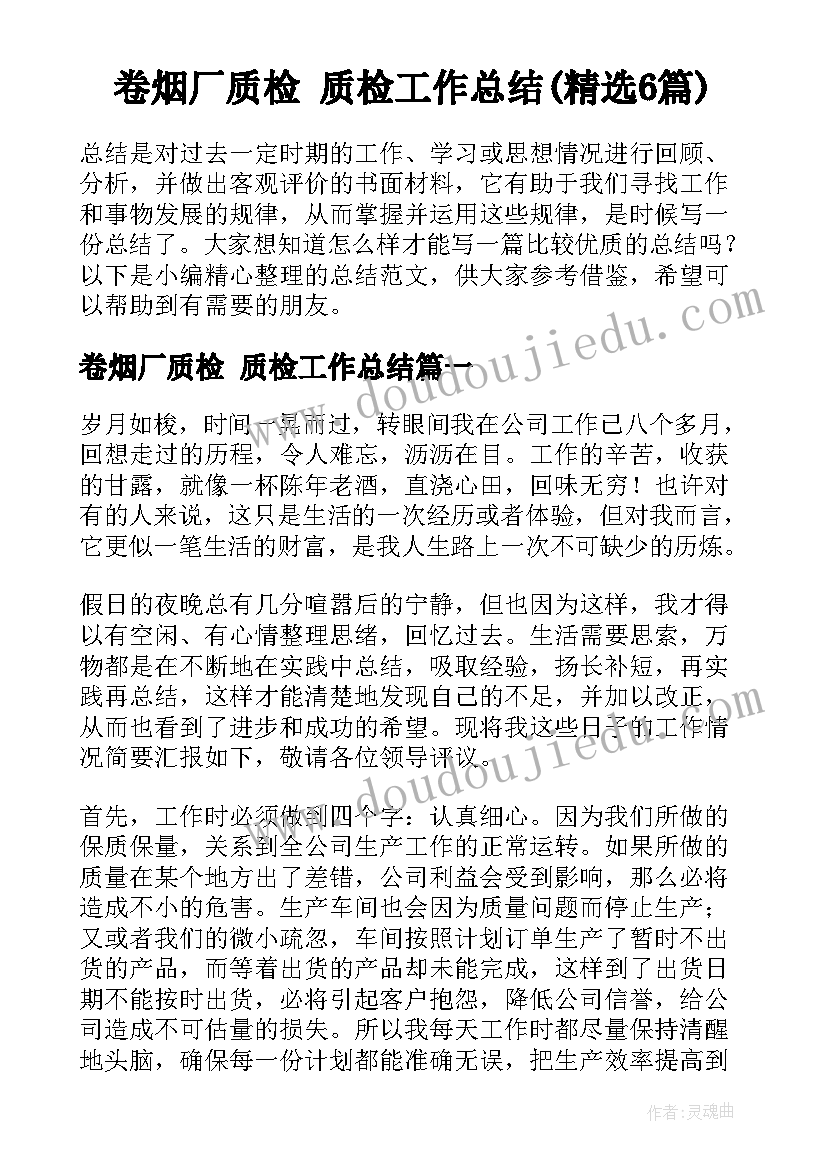 卷烟厂质检 质检工作总结(精选6篇)