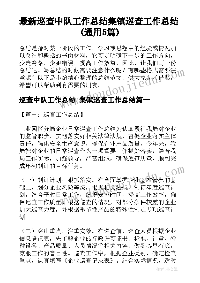 最新巡查中队工作总结 集镇巡查工作总结(通用5篇)