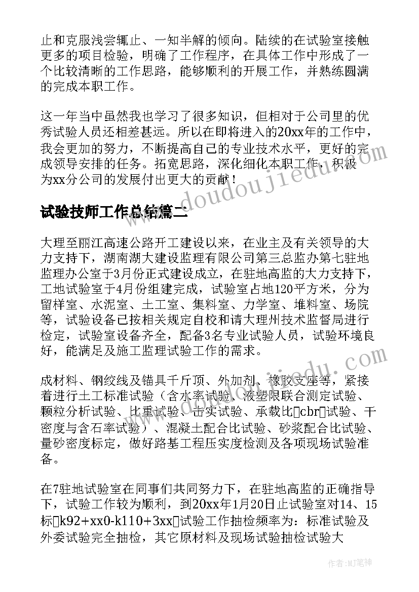 试验技师工作总结(模板10篇)