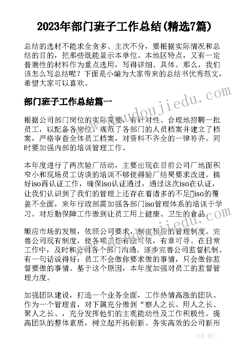 2023年部门班子工作总结(精选7篇)