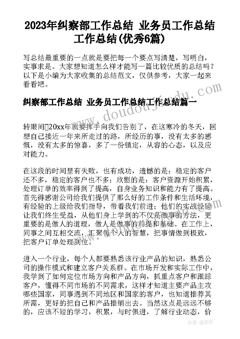 2023年纠察部工作总结 业务员工作总结工作总结(优秀6篇)