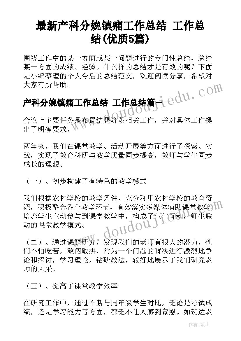 最新产科分娩镇痛工作总结 工作总结(优质5篇)