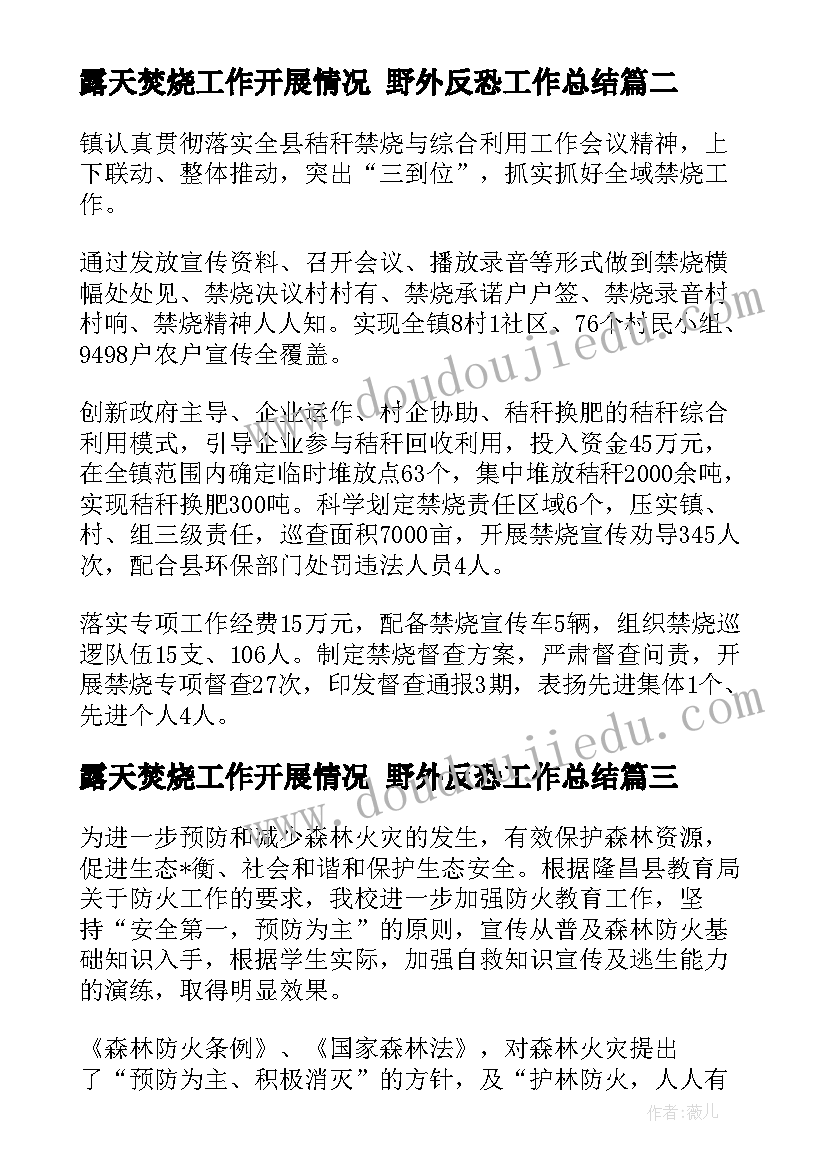 露天焚烧工作开展情况 野外反恐工作总结(优质5篇)