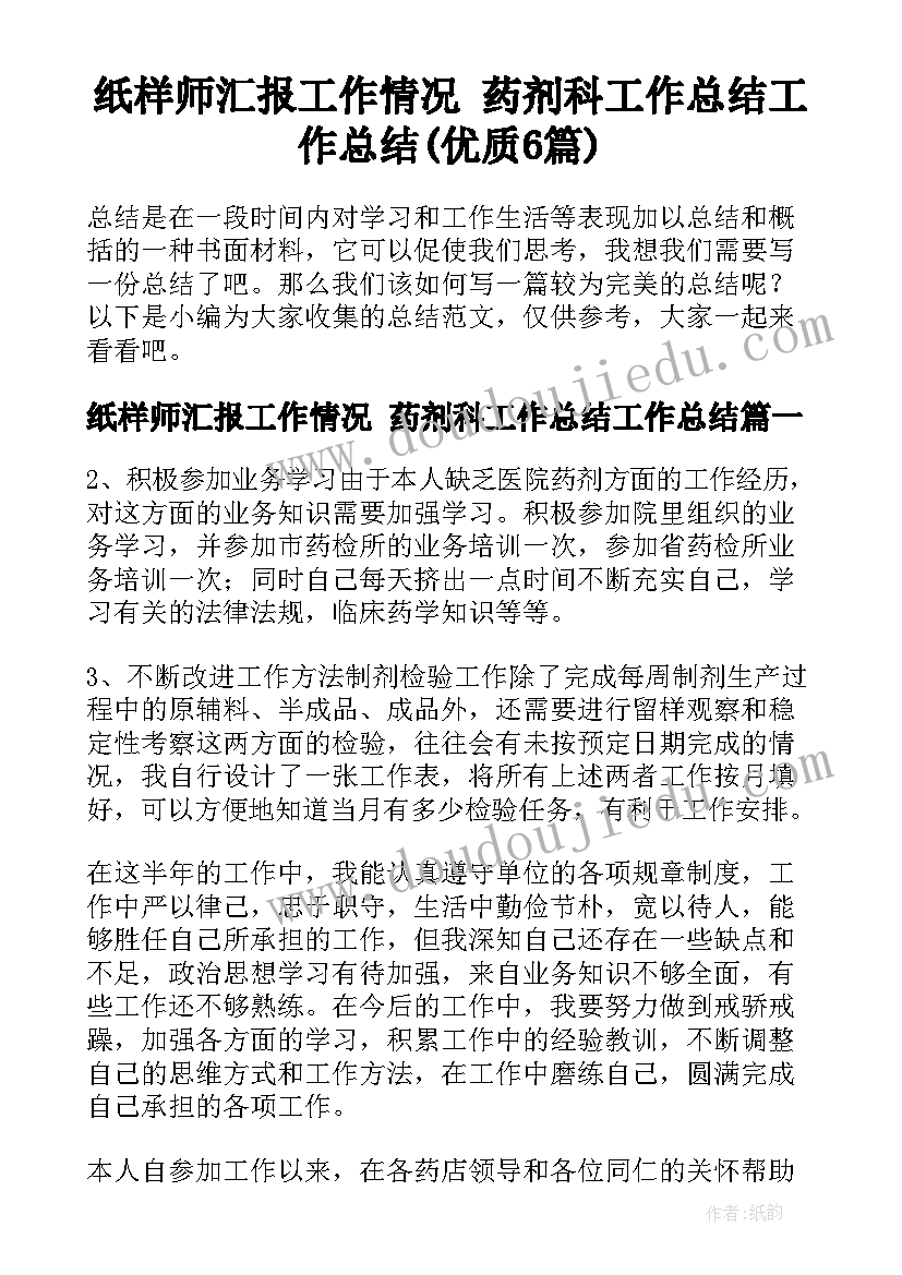 纸样师汇报工作情况 药剂科工作总结工作总结(优质6篇)