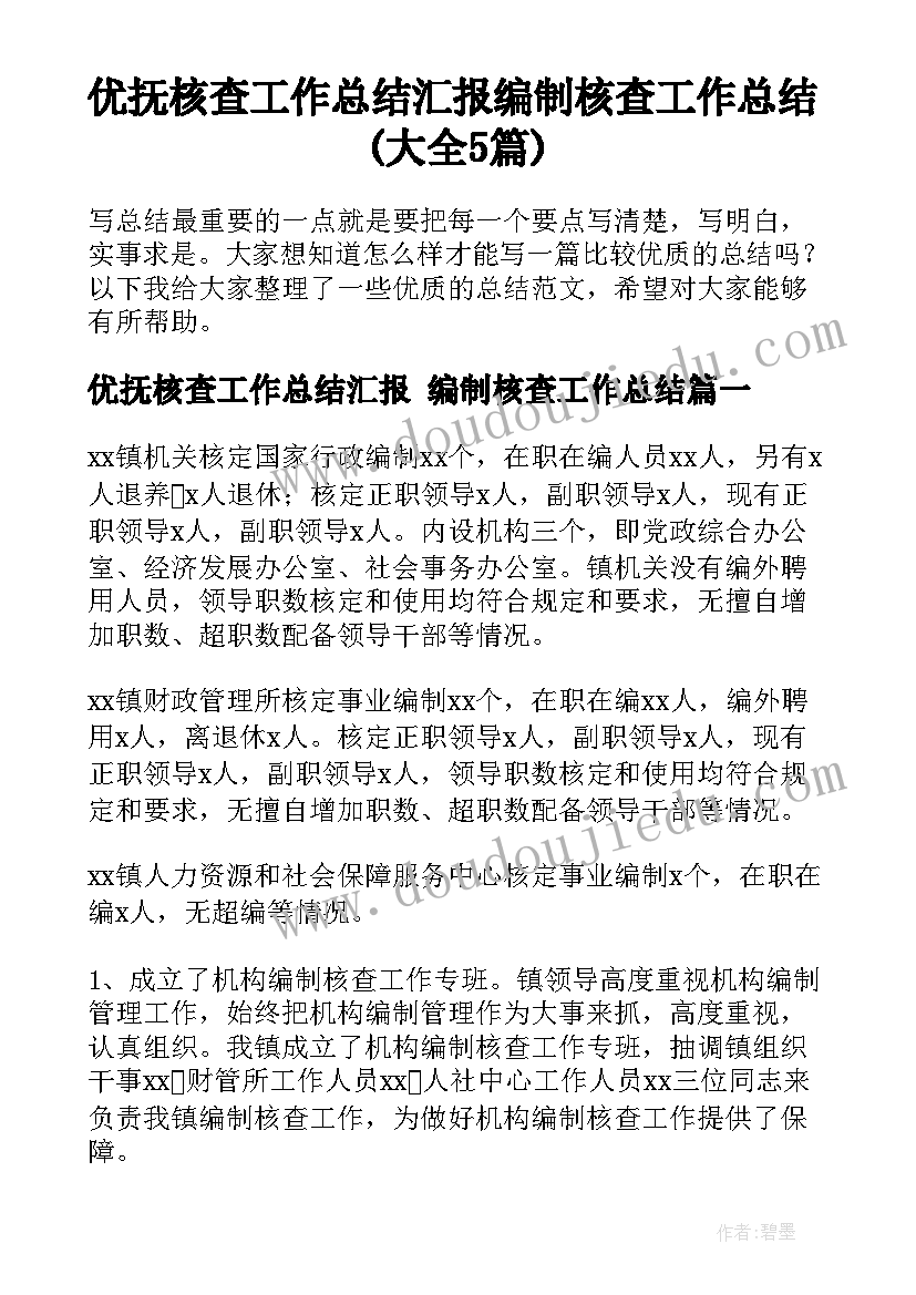 优抚核查工作总结汇报 编制核查工作总结(大全5篇)