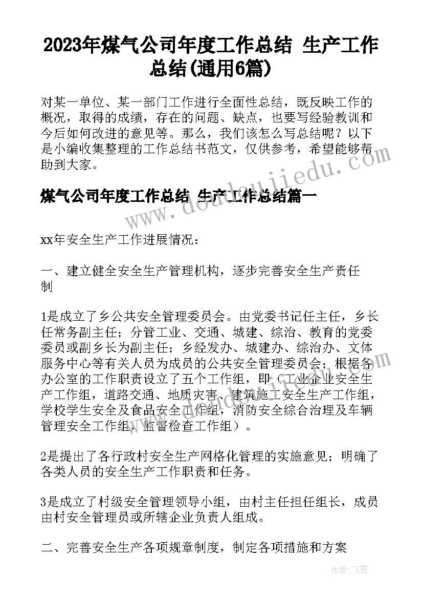 2023年煤气公司年度工作总结 生产工作总结(通用6篇)