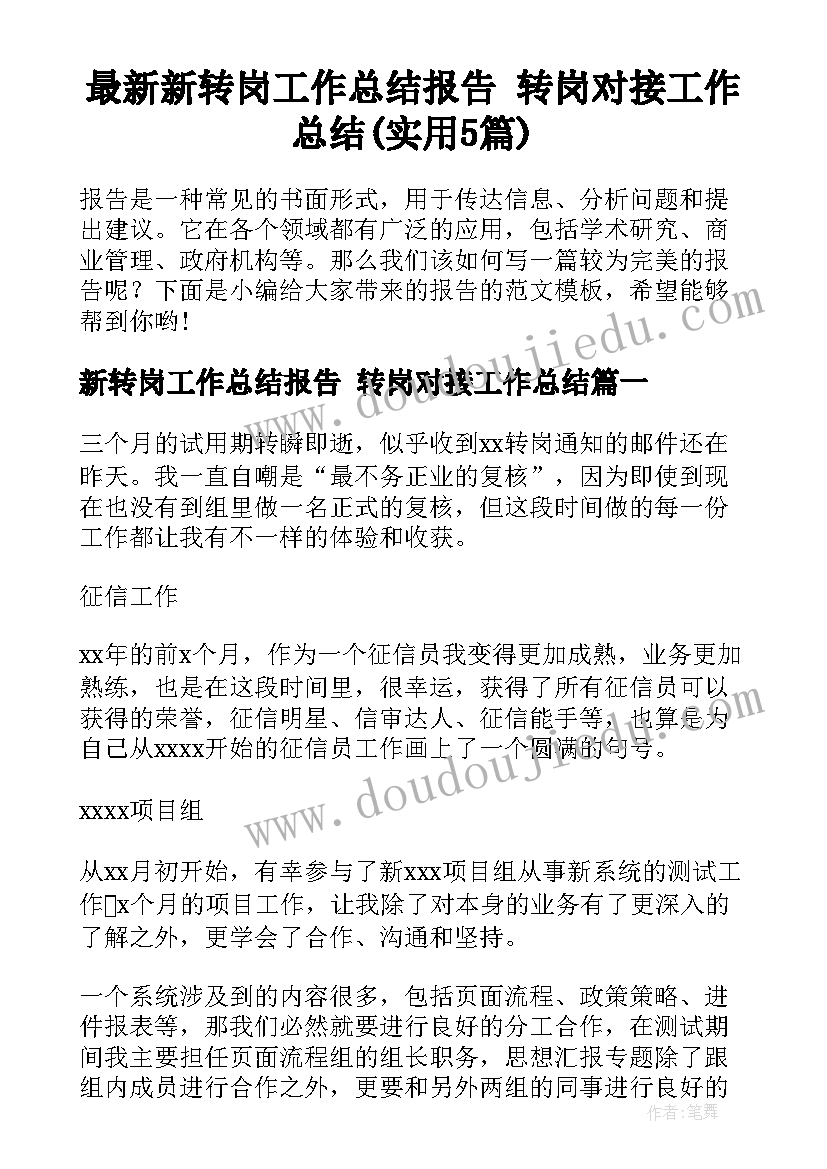 最新新转岗工作总结报告 转岗对接工作总结(实用5篇)